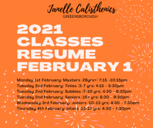 2021 Classes Resume 1st February